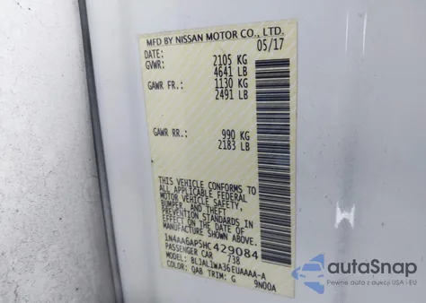 2017 Nissan Maxima 3.5 Sr z USA, uszkodzony, nr VIN 1N4AA6AP5HC429084